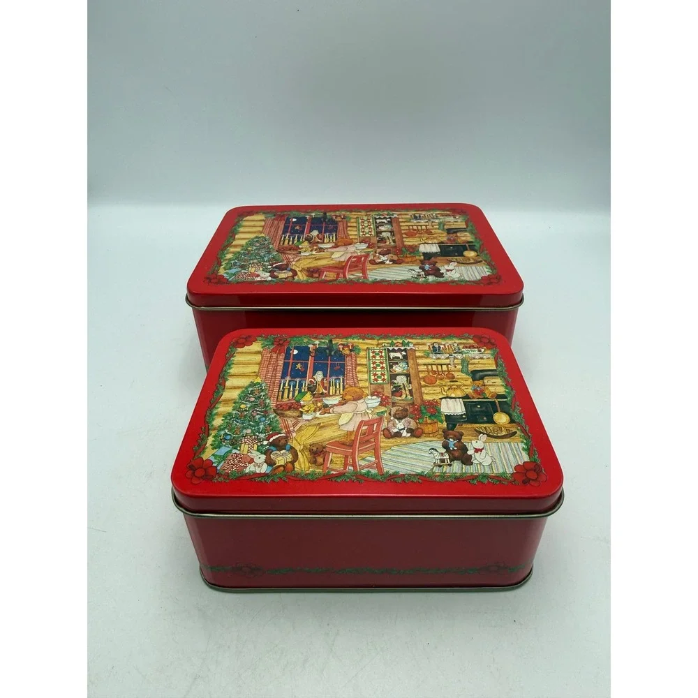 Vintage 1992 Debi Hron Christmas Teddy Bear Nesting Tins Set of 2 Red Holiday